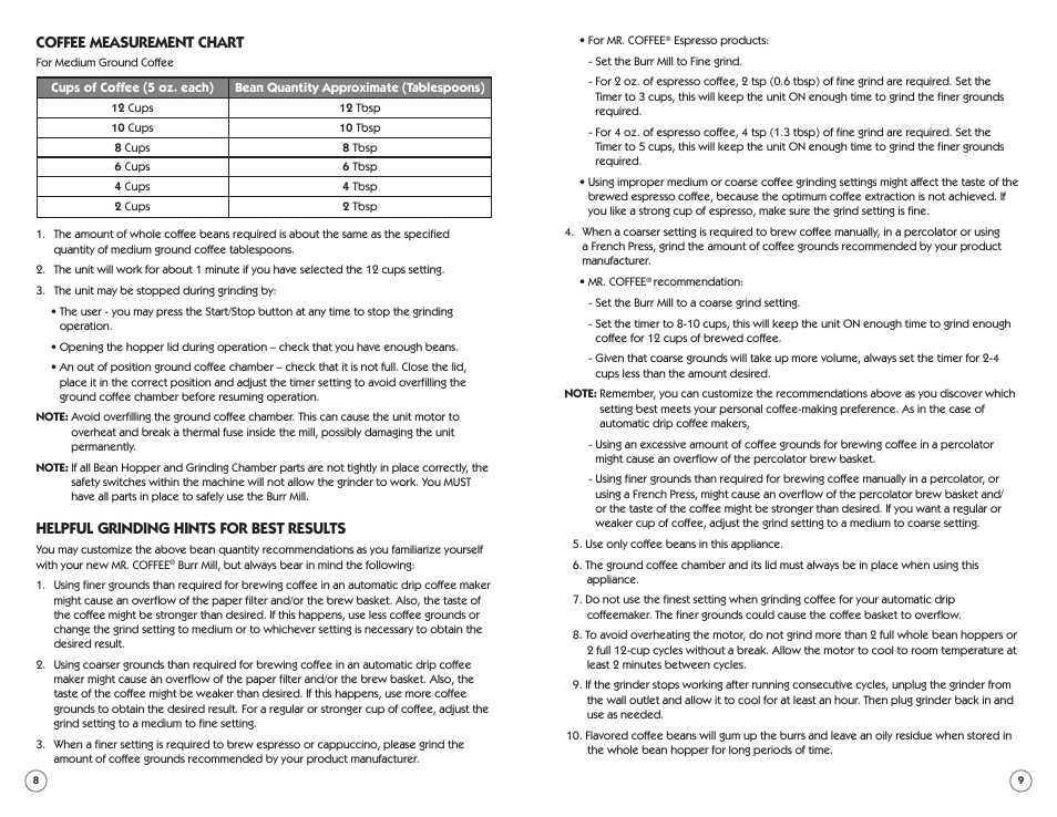 Coffee measurement chart, Helpful grinding hints for best results | Mr. Coffee BMH Series User Manual | Page 5 / 14