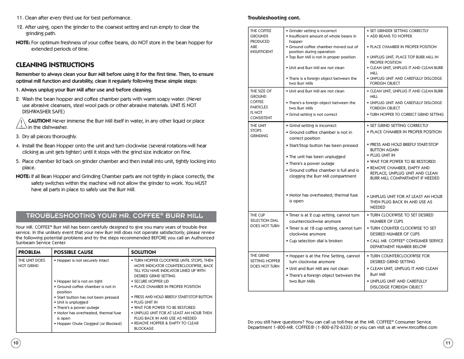 Troubleshooting your mr. coffee, Burr mill, Cleaning instructions | Mr. Coffee BMH Series User Manual | Page 6 / 14