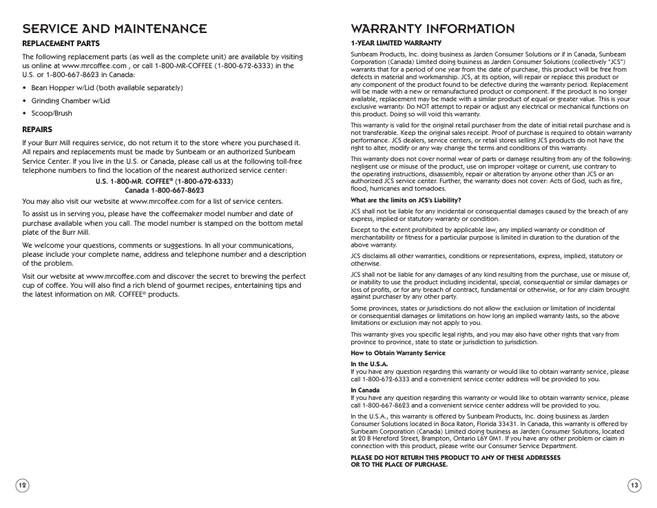 Warranty information, Service and maintenance | Mr. Coffee BMH Series User Manual | Page 7 / 14