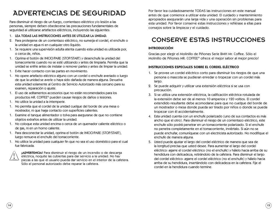 Advertencias de seguridad, Conserve estas instrucciones | Mr. Coffee BMH Series User Manual | Page 8 / 14