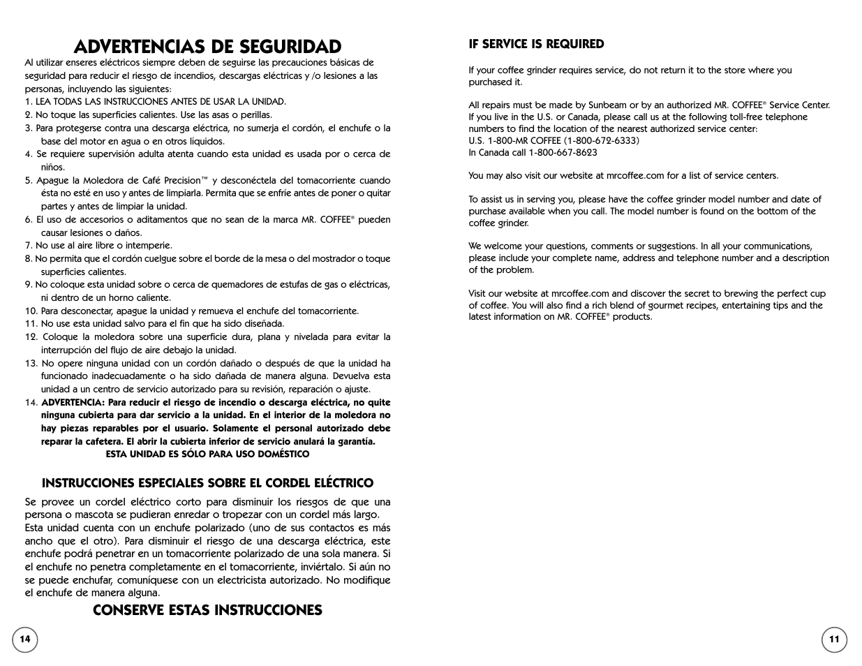 Advertencias de seguridad, Conserve estas instrucciones, If service is required | Instrucciones especiales sobre el cordel eléctrico | Mr. Coffee IDS75 User Manual | Page 11 / 12