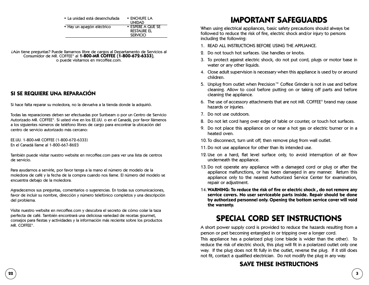 Important safeguards, Special cord set instructions, Save these instructions | Mr. Coffee IDS75 User Manual | Page 3 / 12