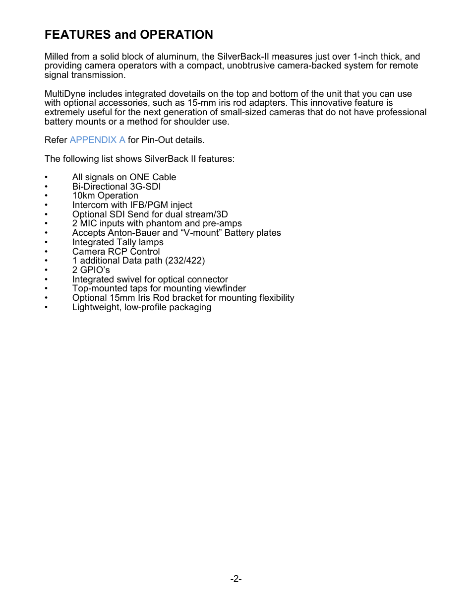 Features and operation | MultiDyne SilverBack II User Manual | Page 5 / 32