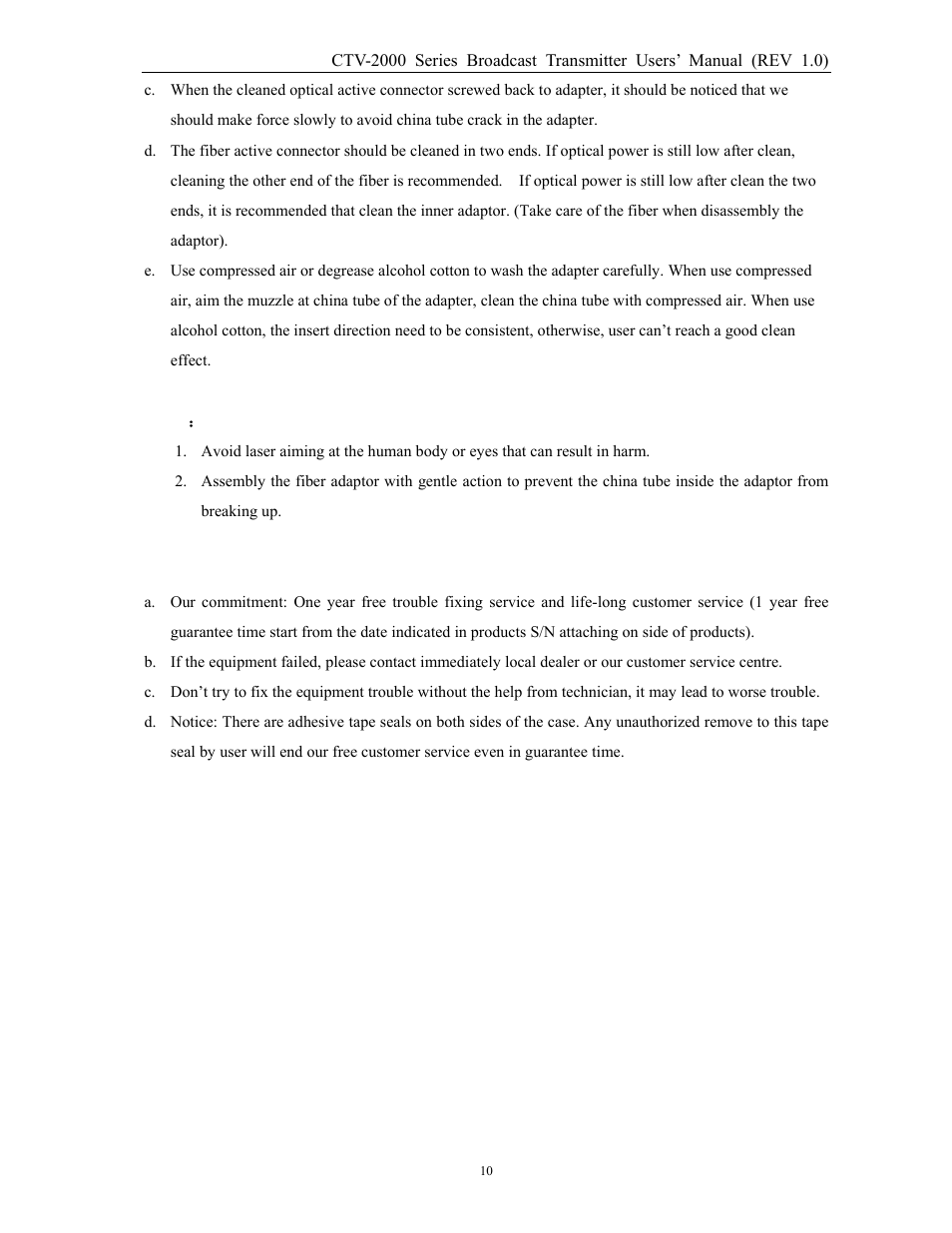 Chapter 8 after-sale customer service | MultiDyne CTV-2000-FRX User Manual | Page 10 / 18