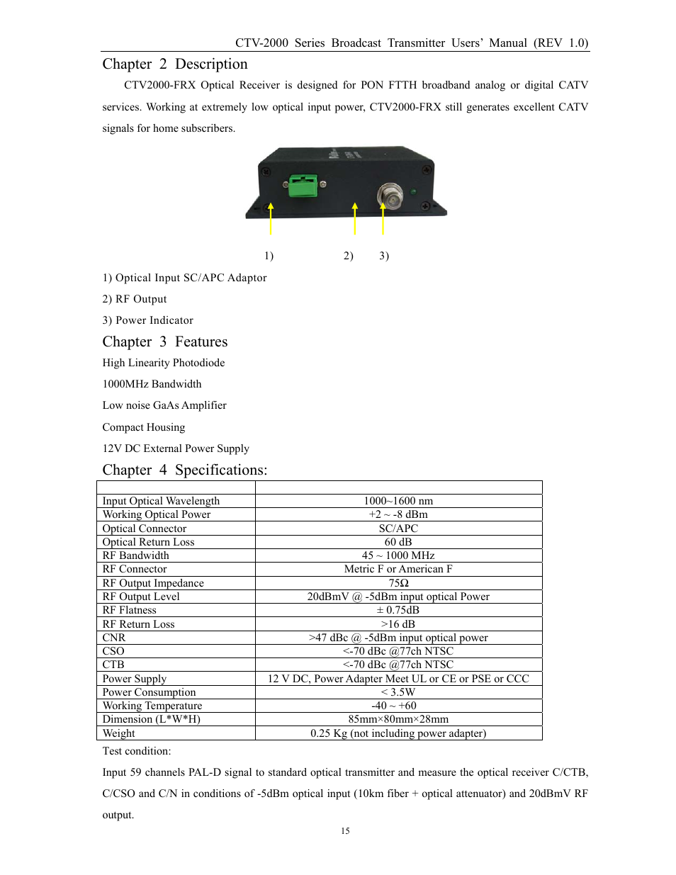 Chapter 2 description, Chapter 3 features, Chapter 4 specifications | MultiDyne CTV-2000-FRX User Manual | Page 15 / 18