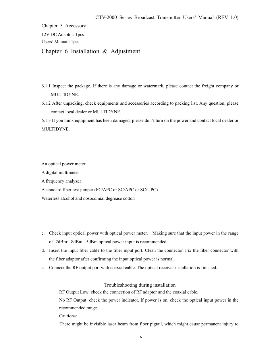 Chapter 6 installation & adjustment | MultiDyne CTV-2000-FRX User Manual | Page 16 / 18