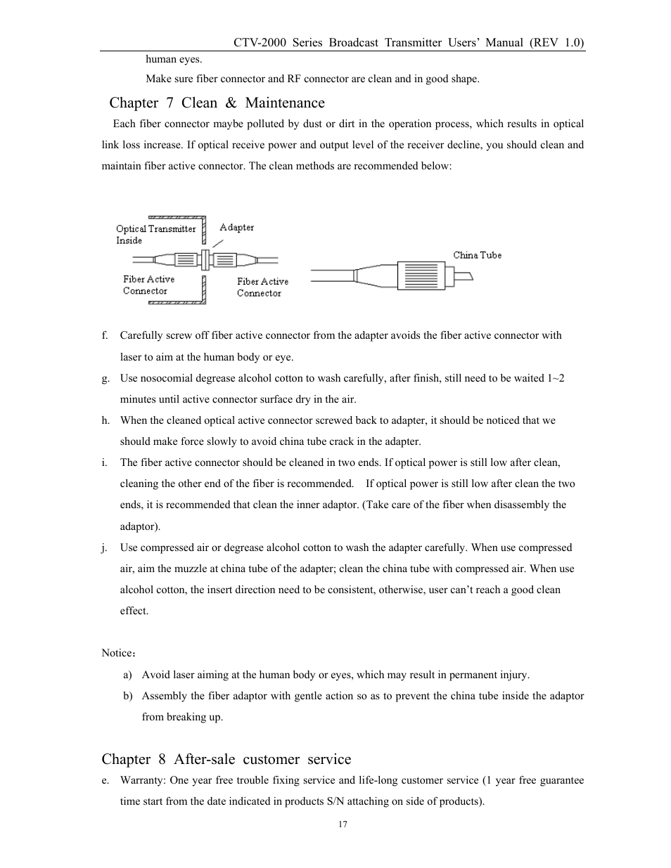 Chapter 7 clean & maintenance, Chapter 8 after-sale customer service | MultiDyne CTV-2000-FRX User Manual | Page 17 / 18