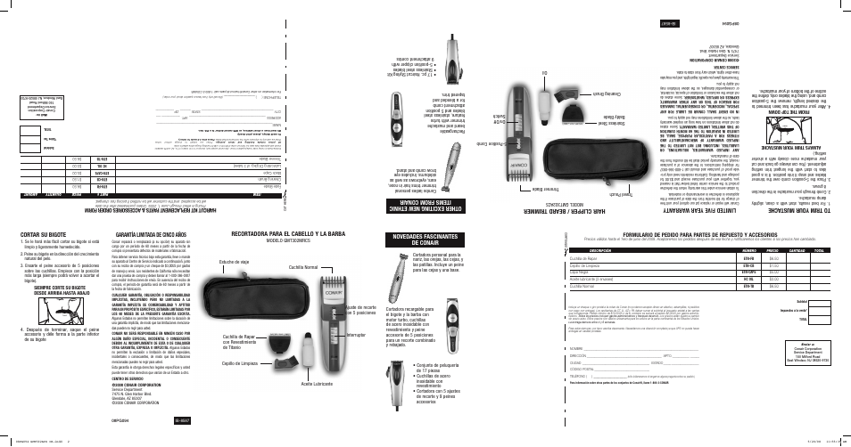 Hair clipper / beard trimmer, Lim ite d f ive ye ar war ran ty, Recortadora para el cabello y la barba | Garantía limitada de cinco años, Novedades fascinantes de conair | Conair GMT302ACS User Manual | Page 2 / 2