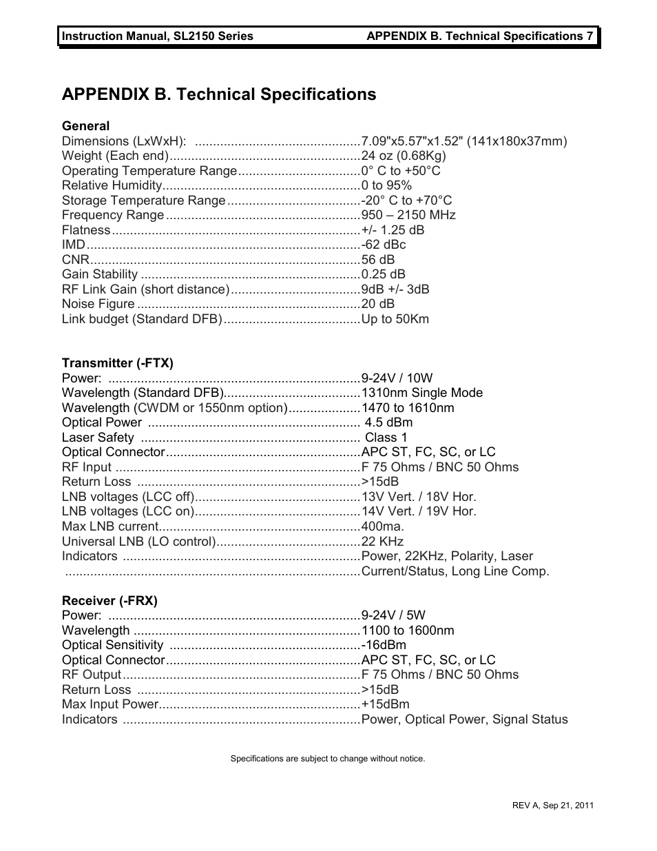 Appendix b. technical specifications | MultiDyne SL2150 Series User Manual | Page 10 / 10