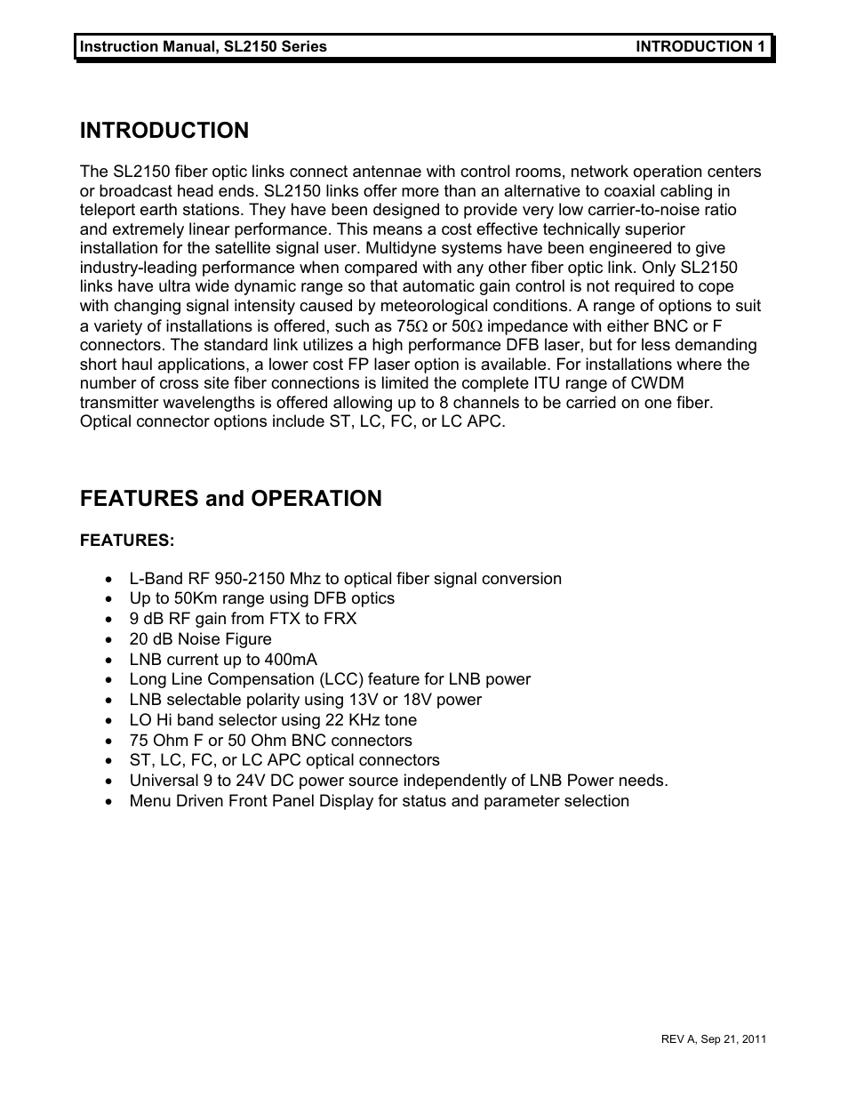 Introduction, Features and operation | MultiDyne SL2150 Series User Manual | Page 4 / 10