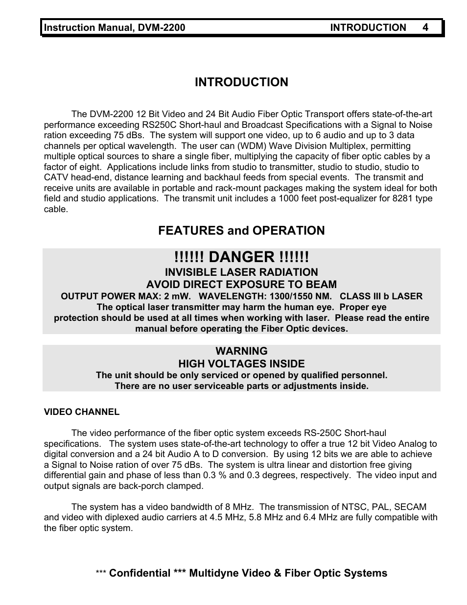 Danger, Introduction, Features and operation | MultiDyne DVM-2200 User Manual | Page 4 / 13