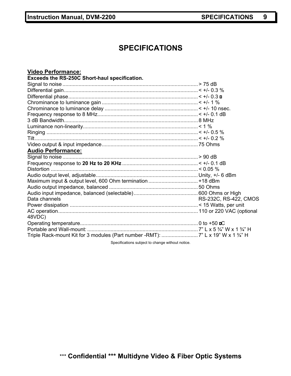 Specifications | MultiDyne DVM-2200 User Manual | Page 9 / 13