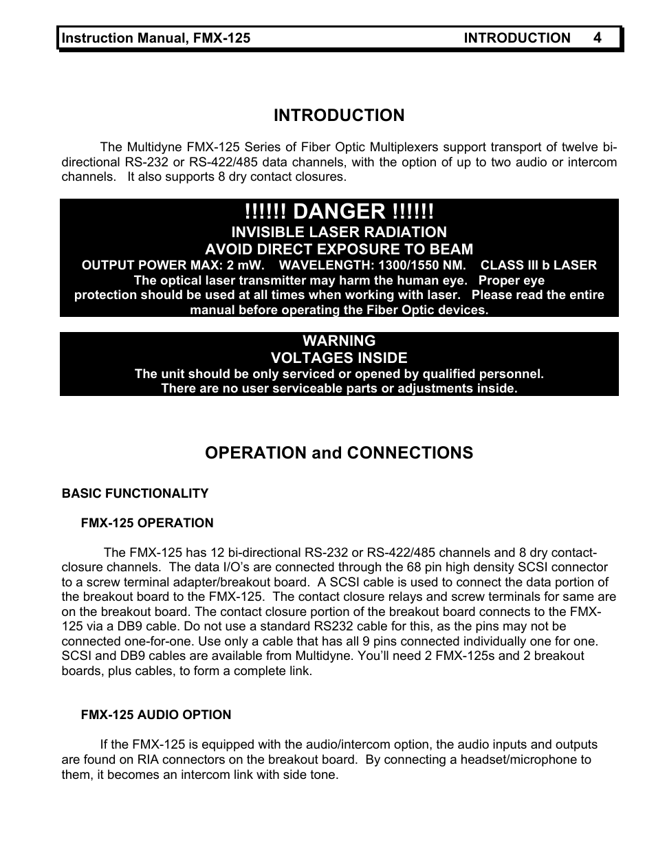 Danger, Introduction, Operation and connections | MultiDyne FMX-125 User Manual | Page 4 / 9