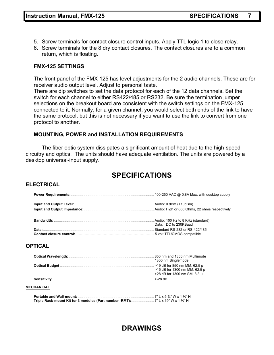 Specifications, Drawings, Instruction manual, fmx-125 specifications | Electrical, Optical | MultiDyne FMX-125 User Manual | Page 7 / 9