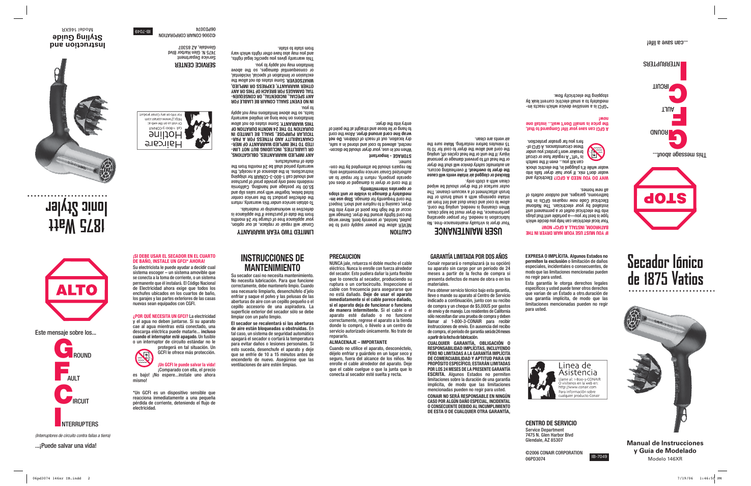Watt ioni c s tyl er, Secador iónico de, Vatios | Instrucciones de mantenimiento, User mainten anc e, Instru cti on an d styl in g g uid e, Este mensaje sobre los, Round, Ault, Ircuit | Conair 146XR User Manual | Page 2 / 2