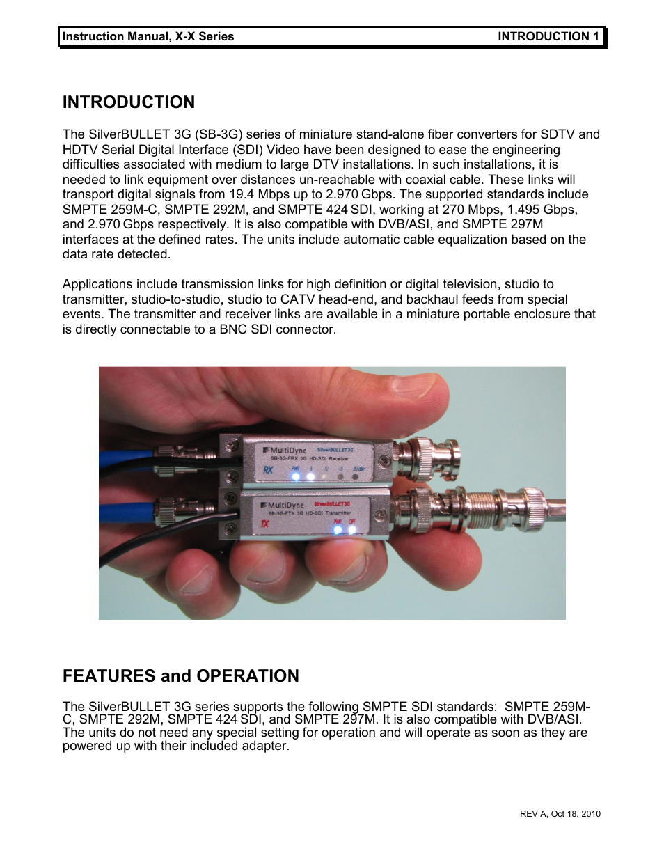 Introduction, Features and operation | MultiDyne SilverBULLET 3G Series User Manual | Page 4 / 7