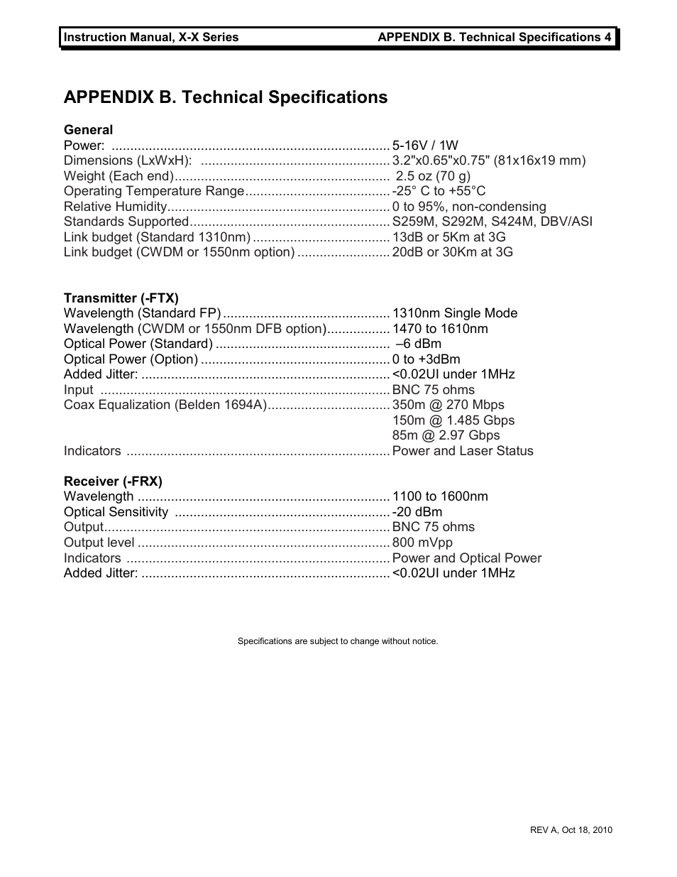 Appendix b. technical specifications | MultiDyne SilverBULLET 3G Series User Manual | Page 7 / 7