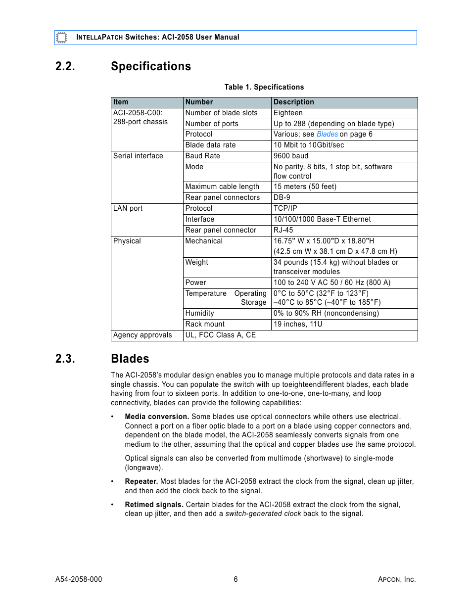 Specifications, Blades, Table 1. specifications | Specifications 2.3. blades | MultiDyne ACI-2058 User Manual | Page 10 / 200