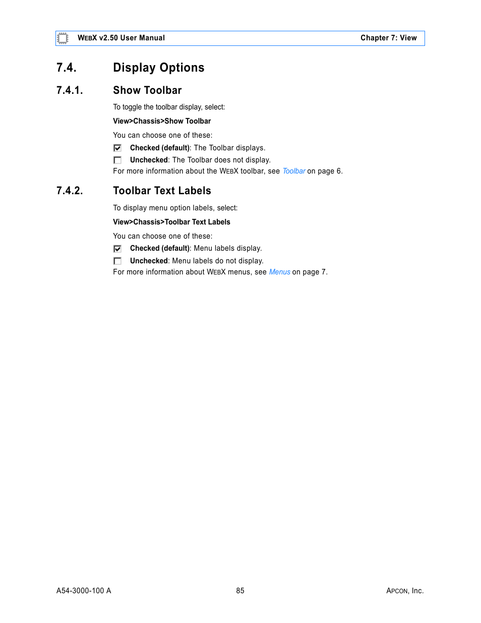 Display options, Show toolbar, Toolbar text labels | MultiDyne ACI-2058 User Manual | Page 124 / 200