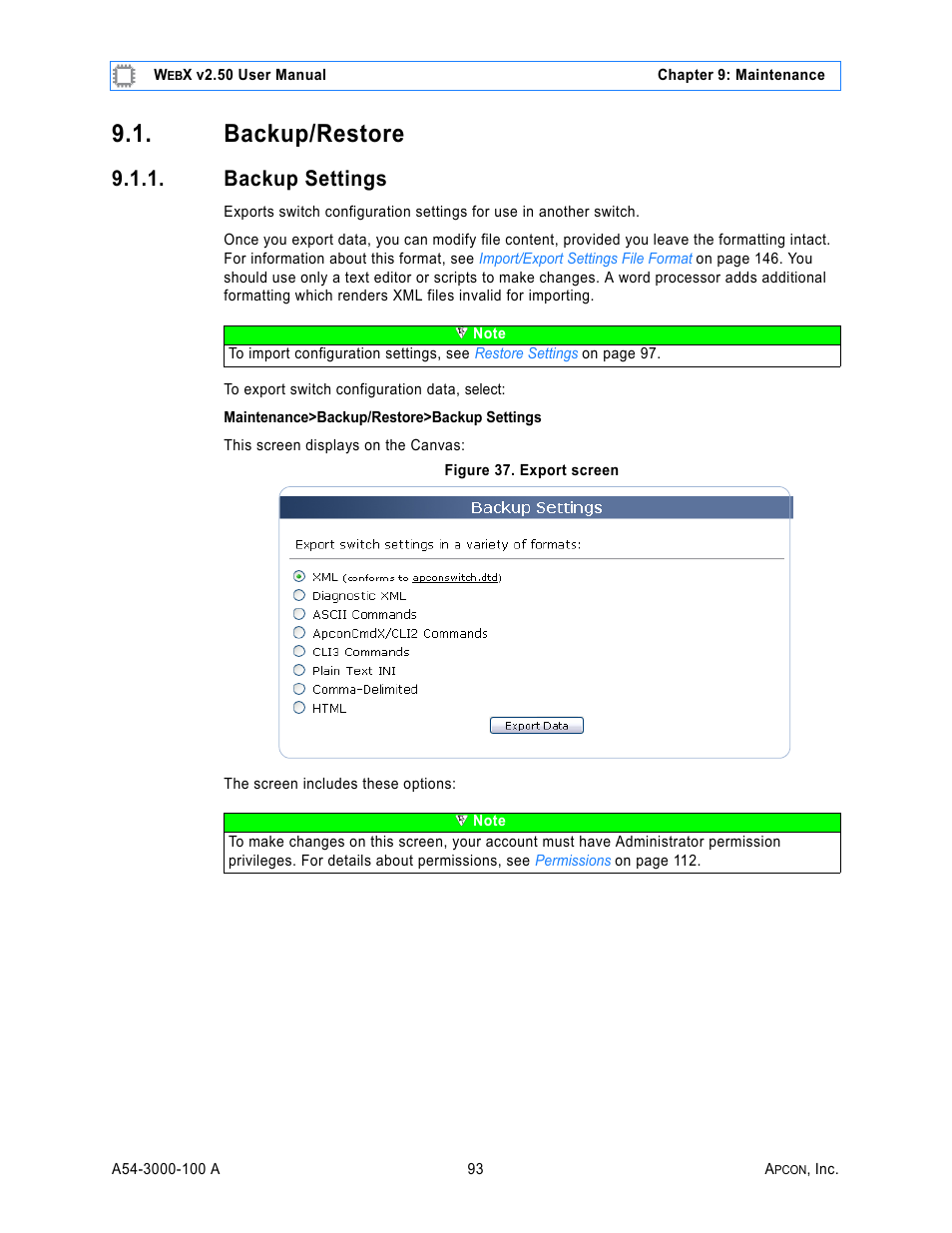 Backup/restore, Backup settings, Figure 37. export screen | MultiDyne ACI-2058 User Manual | Page 132 / 200