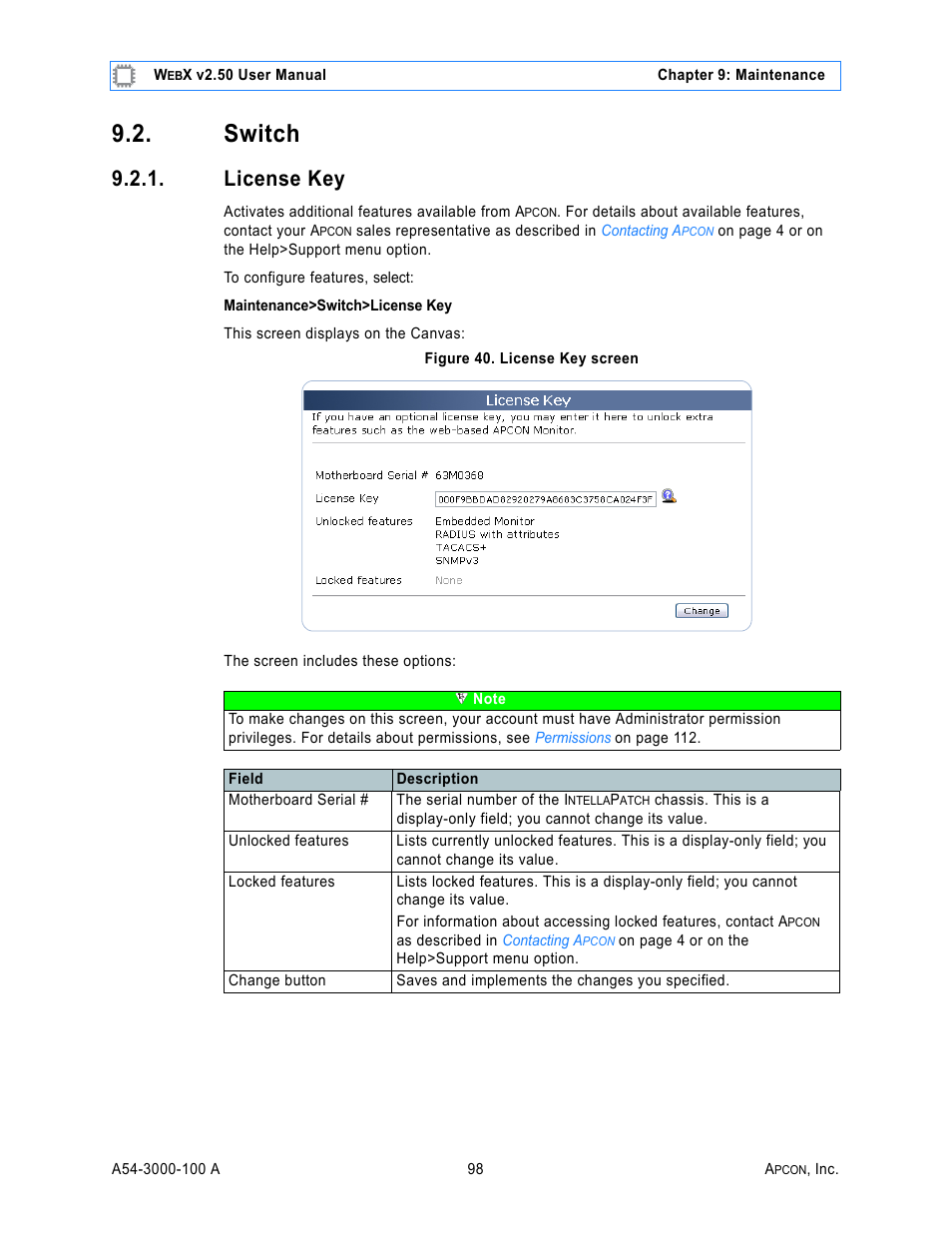 Switch, License key, Figure 40. license key screen | MultiDyne ACI-2058 User Manual | Page 137 / 200