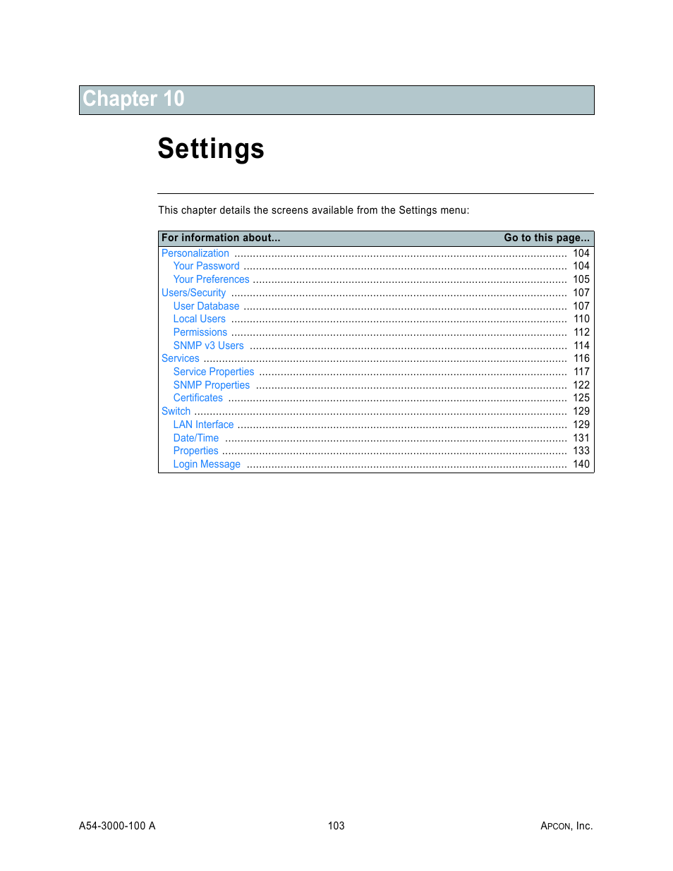 Chapter 10: settings, Settings, Chapter 10 | MultiDyne ACI-2058 User Manual | Page 142 / 200