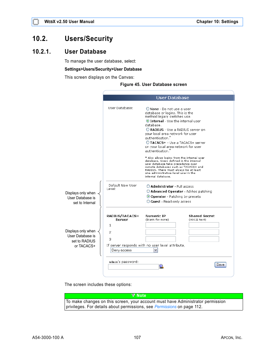 Users/security, User database, Figure 45. user database screen | E 107), E 107) is, Scree | MultiDyne ACI-2058 User Manual | Page 146 / 200