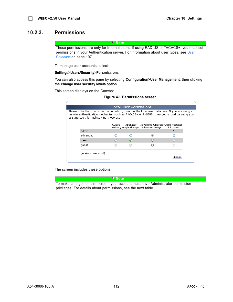 Permissions, Figure 47. permissions screen | MultiDyne ACI-2058 User Manual | Page 151 / 200