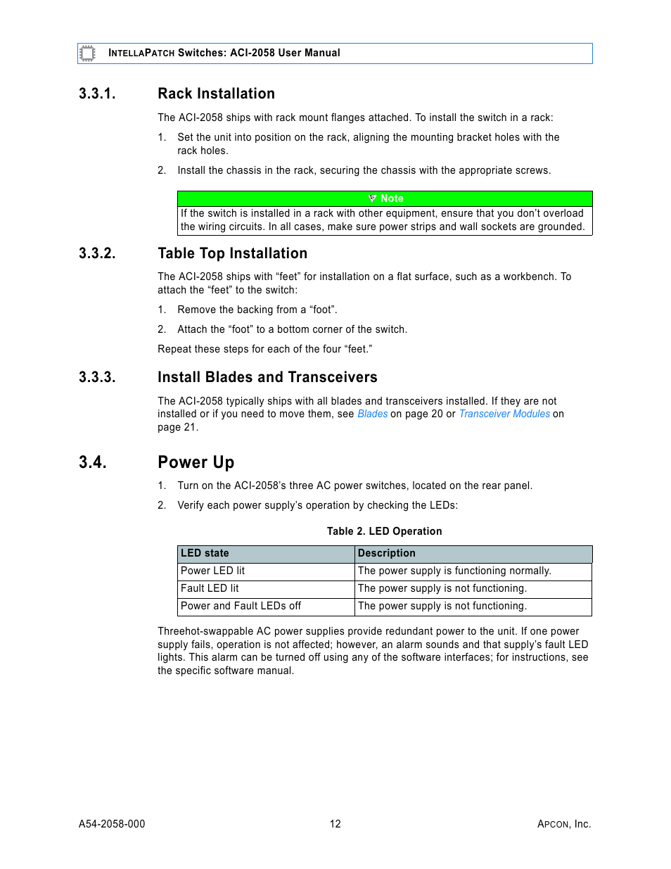 Rack installation, Table top installation, Install blades and transceivers | Power up, Table 2. led operation | MultiDyne ACI-2058 User Manual | Page 16 / 200