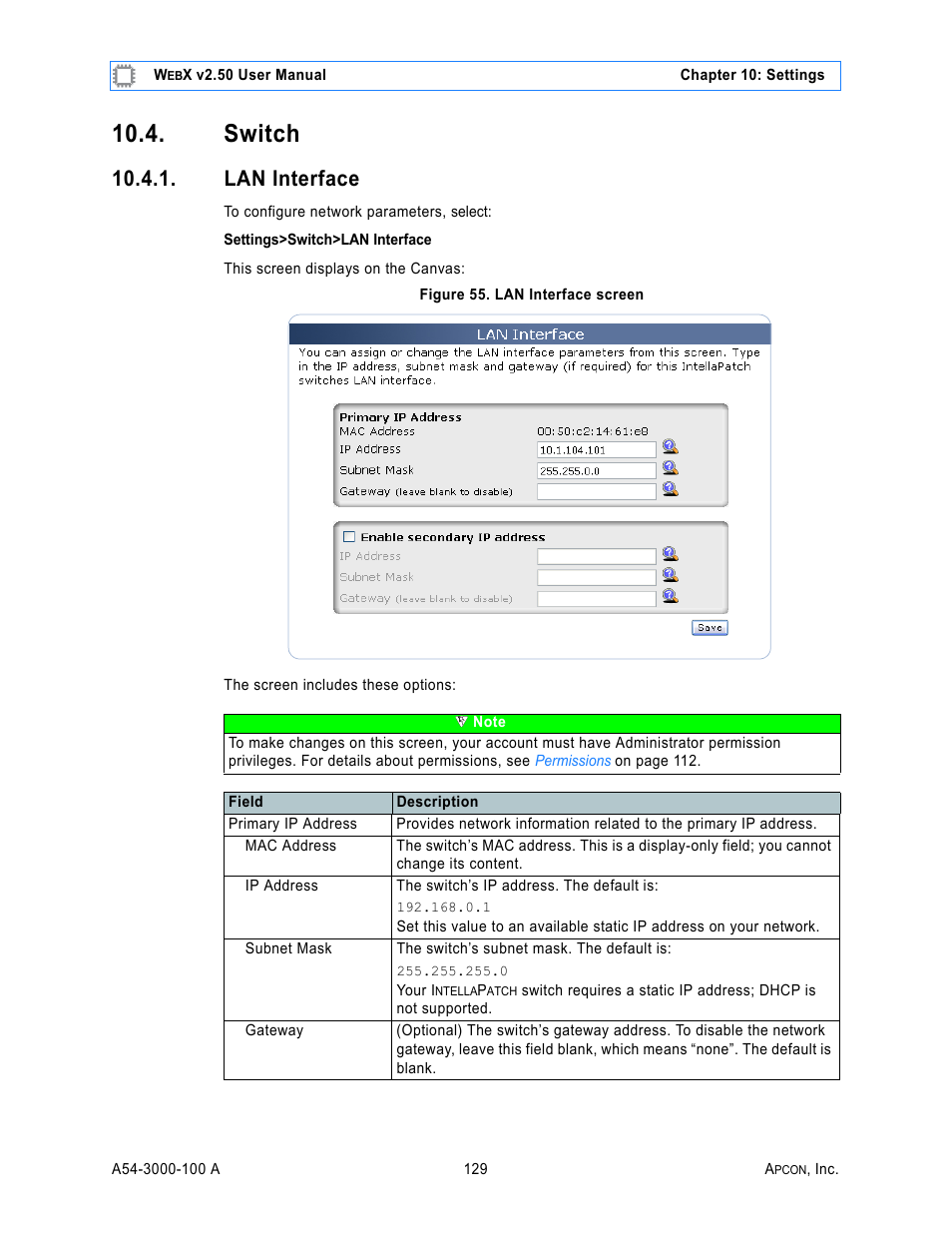 Switch, Lan interface, Figure 55. lan interface screen | MultiDyne ACI-2058 User Manual | Page 168 / 200