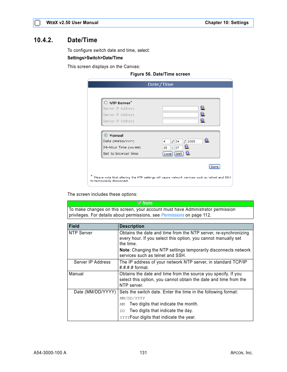 Date/time, Figure 56. date/time screen | MultiDyne ACI-2058 User Manual | Page 170 / 200