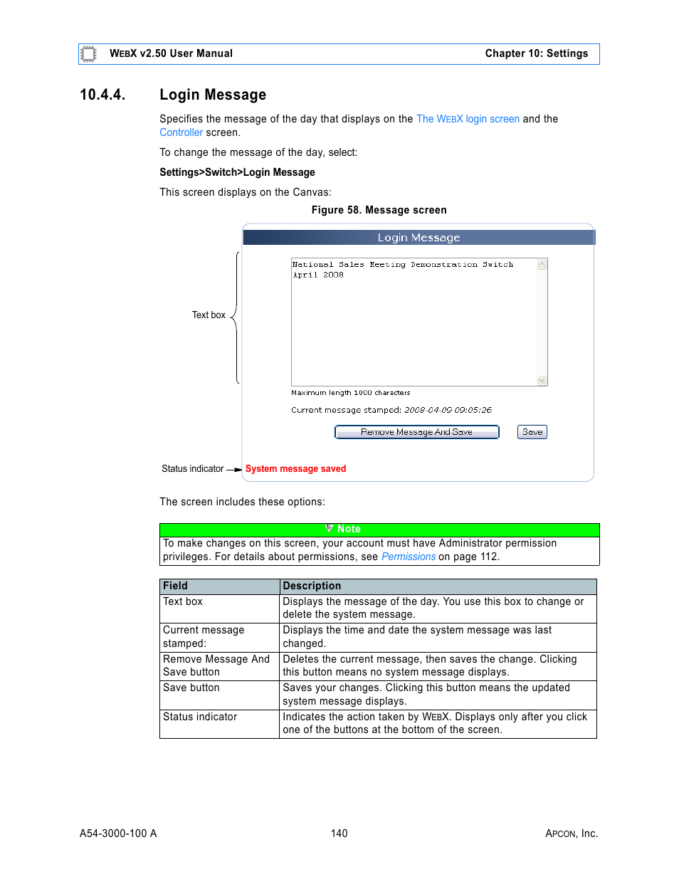 Login message, Figure 58. message screen, Scree | MultiDyne ACI-2058 User Manual | Page 179 / 200