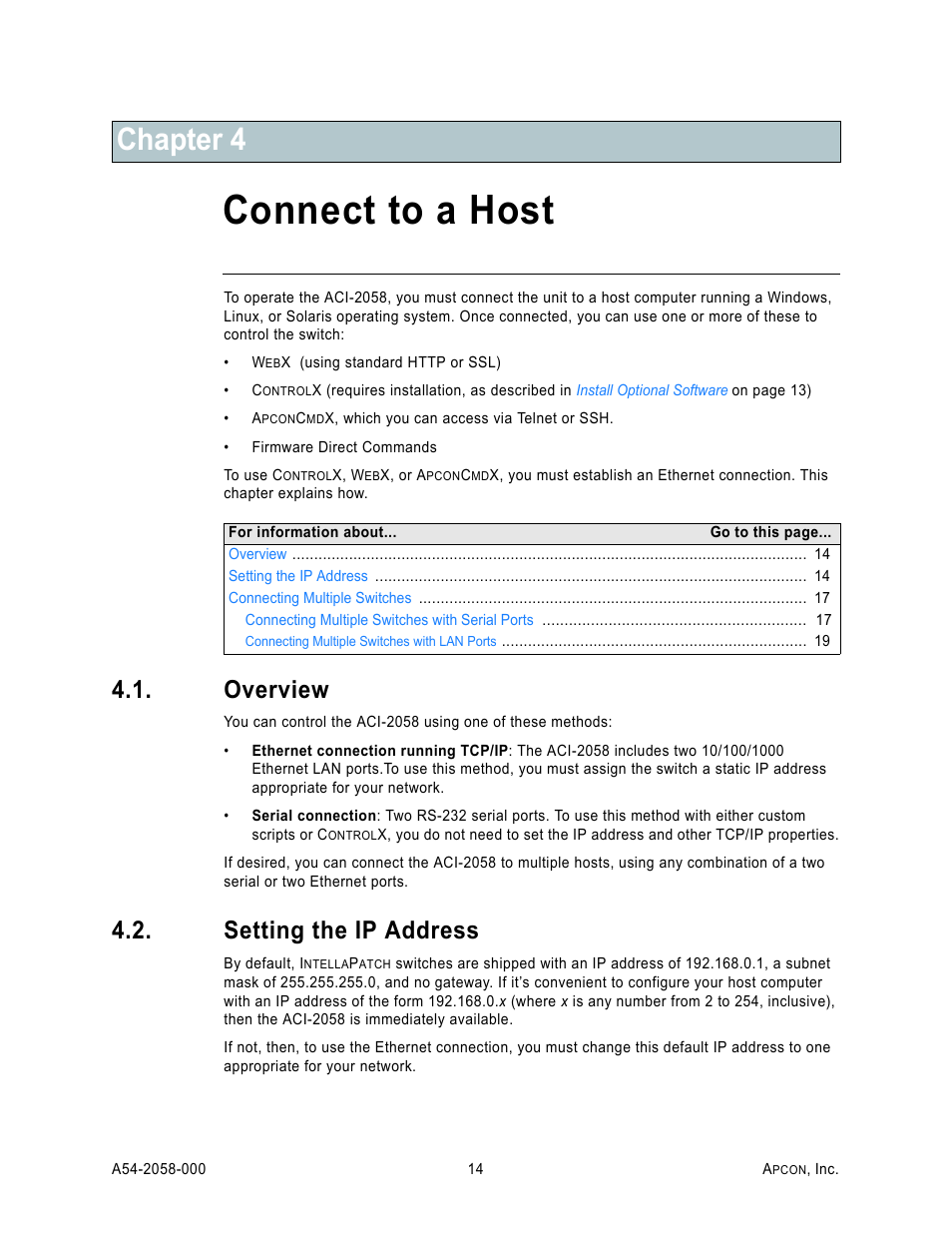 Chapter 4: connect to a host, Overview, Setting the ip address | Connect to a host, Chapter 4, connect to a, Host, Chapter 4 | MultiDyne ACI-2058 User Manual | Page 18 / 200