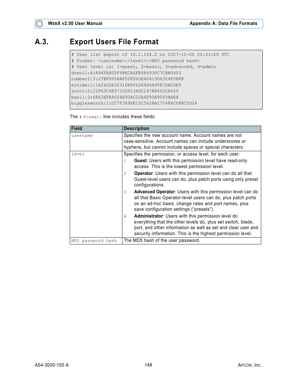 A.3. export users file format, Export users file format | MultiDyne ACI-2058 User Manual | Page 187 / 200