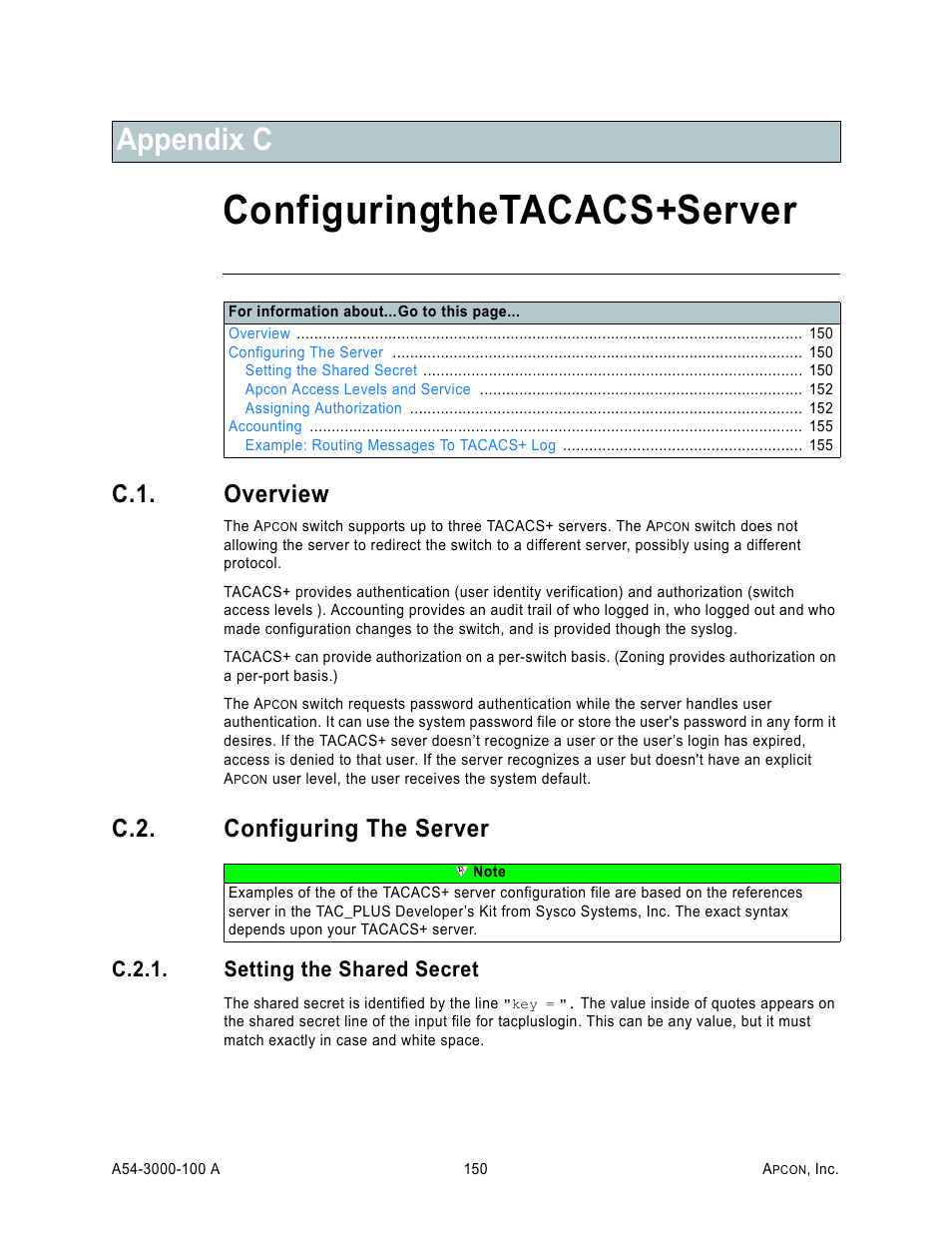 Appendix c: configuring the tacacs+ server, C.1. overview, C.2. configuring the server | C.2.1. setting the shared secret, Overview, Configuring the server, Setting the shared secret, Appendix c, configuring the tacacs+ server, Configuring the tacacs+ server, Appendix c | MultiDyne ACI-2058 User Manual | Page 189 / 200