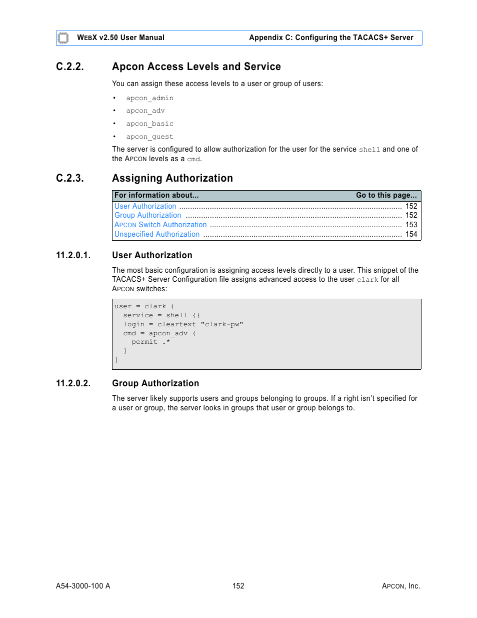 C.2.2. apcon access levels and service, C.2.3. assigning authorization, User authorization | Group authorization, Apcon access levels and service, Assigning authorization | MultiDyne ACI-2058 User Manual | Page 191 / 200