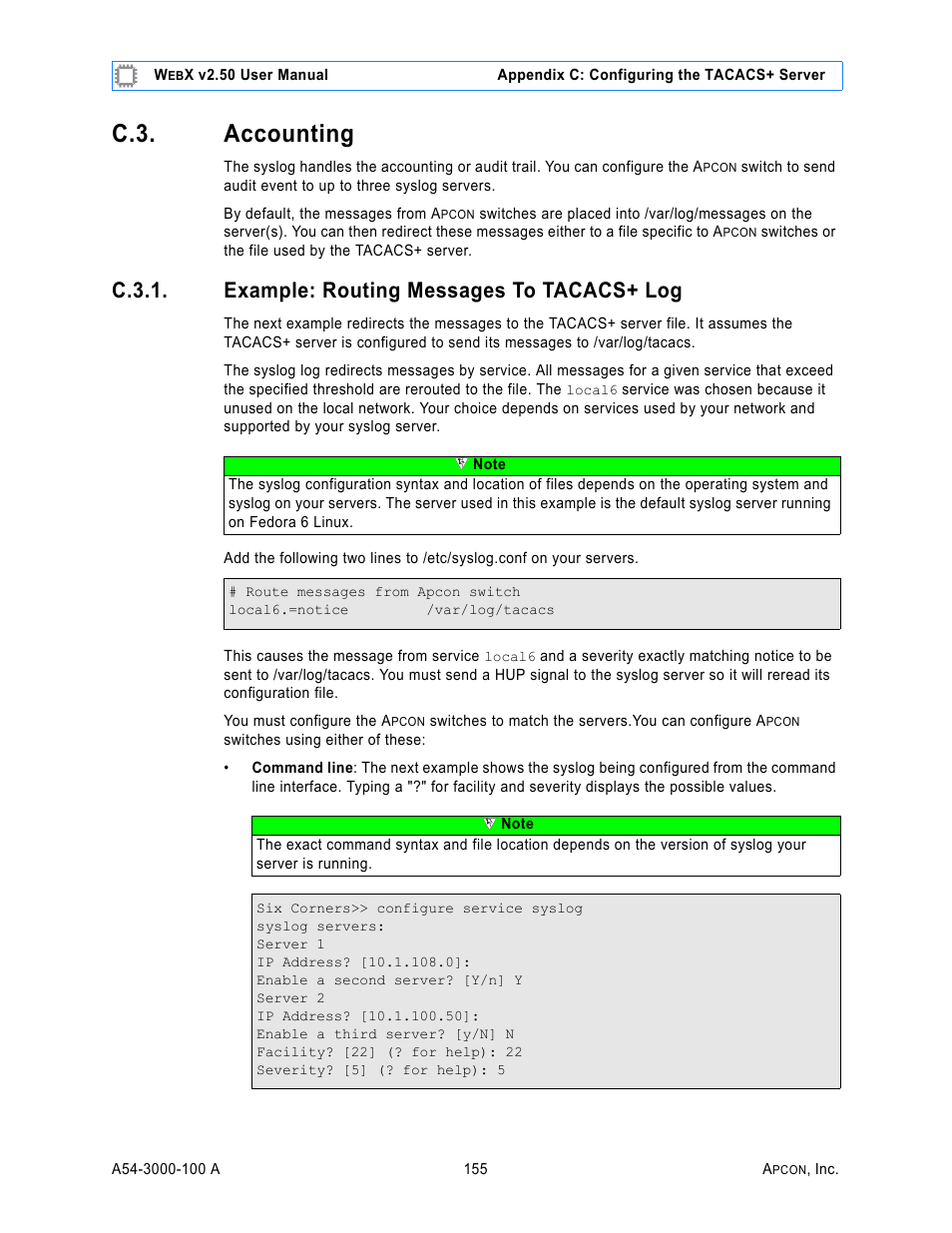 C.3. accounting, C.3.1. example: routing messages to tacacs+ log, Accounting | Example: routing messages to tacacs+ log | MultiDyne ACI-2058 User Manual | Page 194 / 200