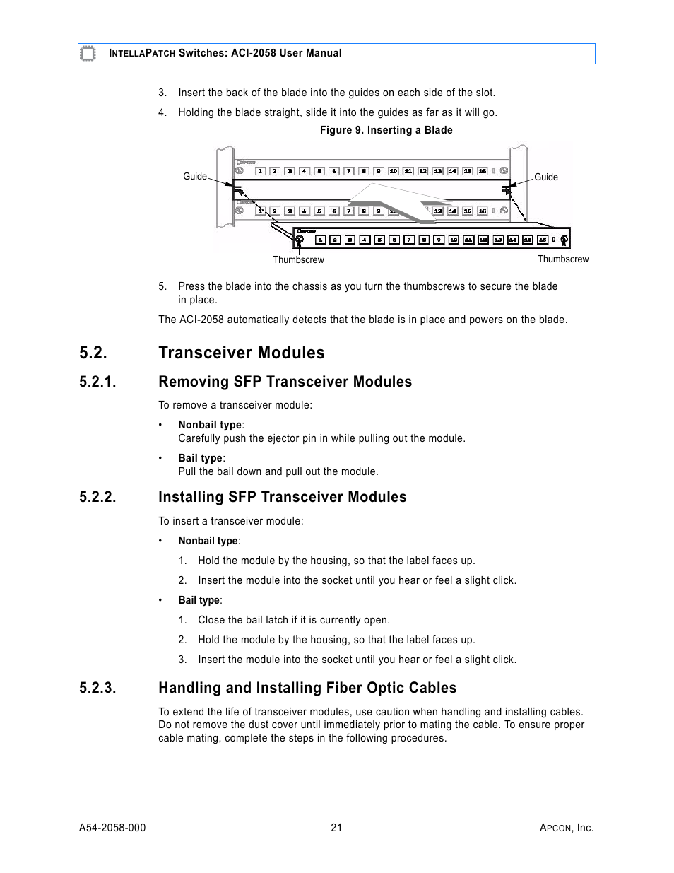 Transceiver modules, Removing sfp transceiver modules, Installing sfp transceiver modules | Handling and installing fiber optic cables | MultiDyne ACI-2058 User Manual | Page 25 / 200