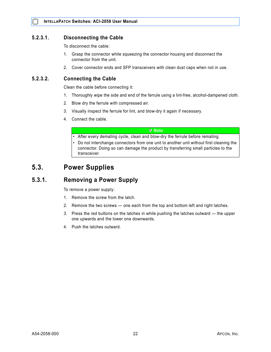 Disconnecting the cable, Connecting the cable, Power supplies | Removing a power supply, Remove | MultiDyne ACI-2058 User Manual | Page 26 / 200