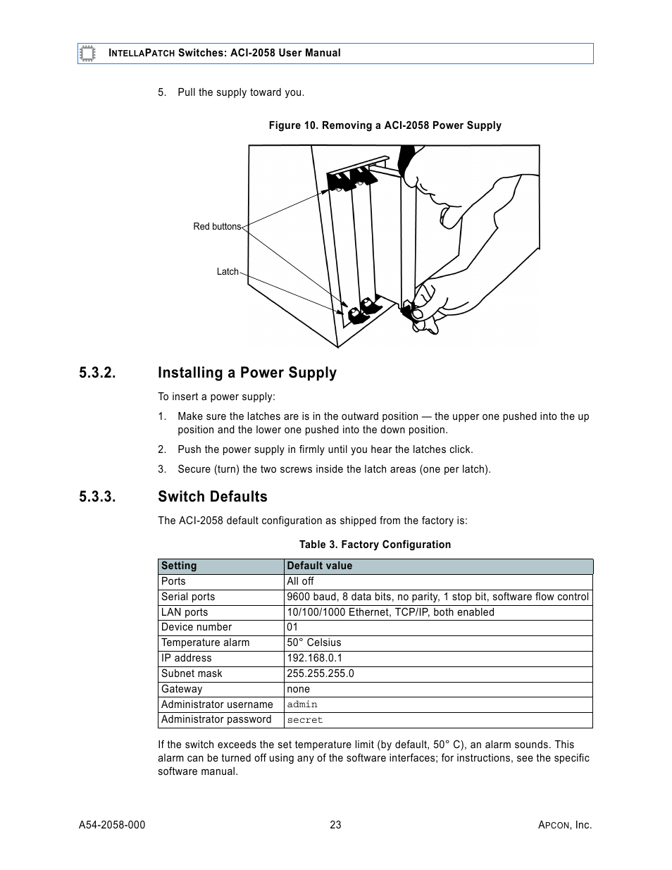 Installing a power supply, Switch defaults, Table 3. factory configuration | MultiDyne ACI-2058 User Manual | Page 27 / 200