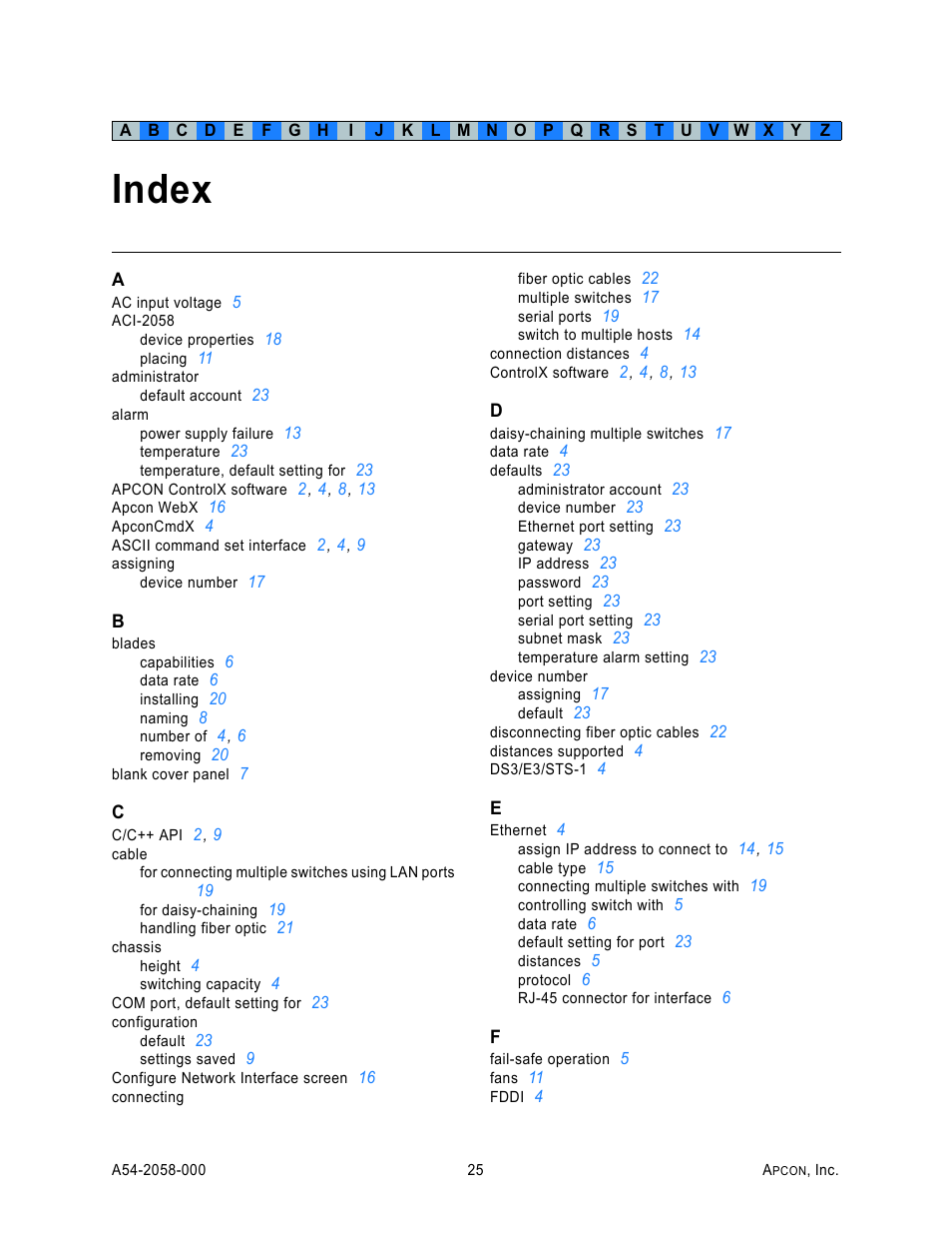 Index | MultiDyne ACI-2058 User Manual | Page 29 / 200