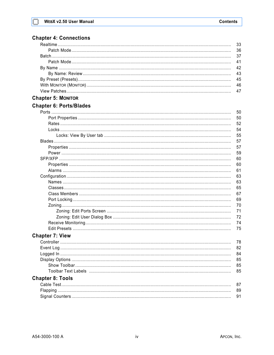 Chapter 4: connections, Chapter 5: m, Chapter 6: ports/blades | Chapter 7: view, Chapter 8: tools | MultiDyne ACI-2058 User Manual | Page 35 / 200