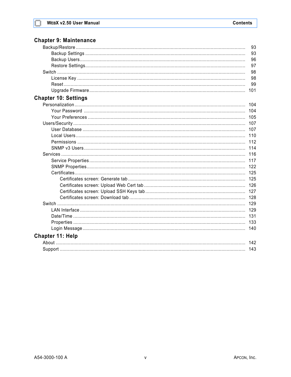 Chapter 9: maintenance, Chapter 10: settings, Chapter 11: help | MultiDyne ACI-2058 User Manual | Page 36 / 200