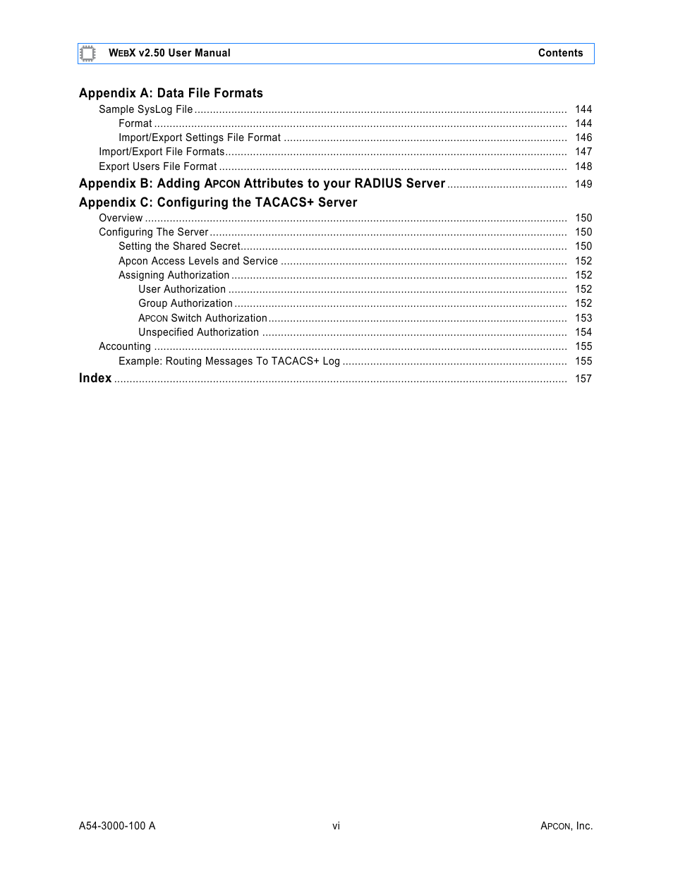 Appendix a: data file formats, Appendix b: adding a, Attributes to your radius server | Appendix c: configuring the tacacs+ server, Index | MultiDyne ACI-2058 User Manual | Page 37 / 200