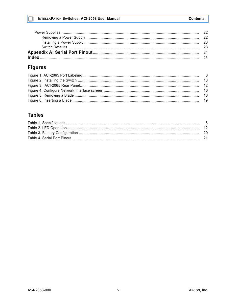 Figures, Tables, Appendix a: serial port pinout | Index | MultiDyne ACI-2058 User Manual | Page 4 / 200