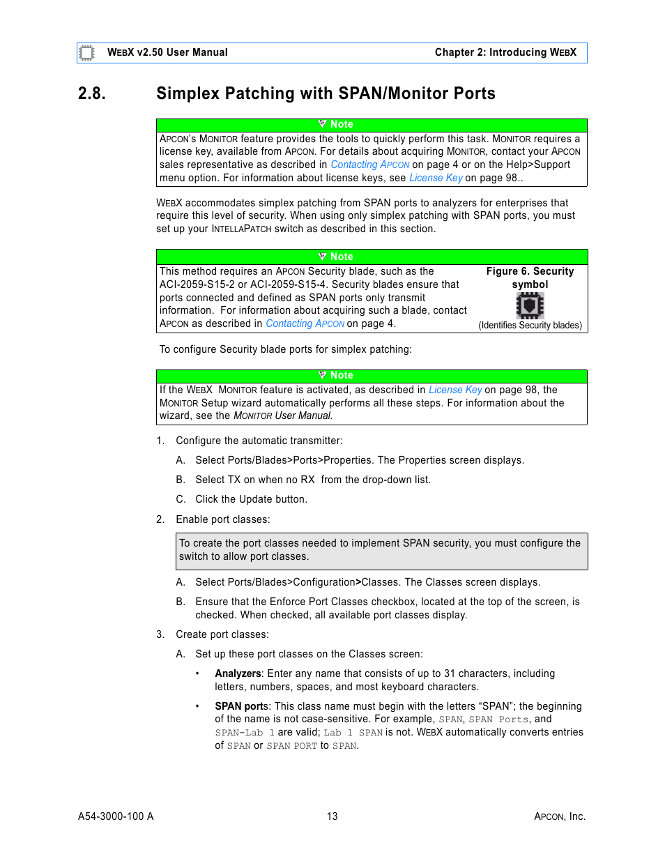 Simplex patching with span/monitor ports, Figure 6. security symbol | MultiDyne ACI-2058 User Manual | Page 52 / 200