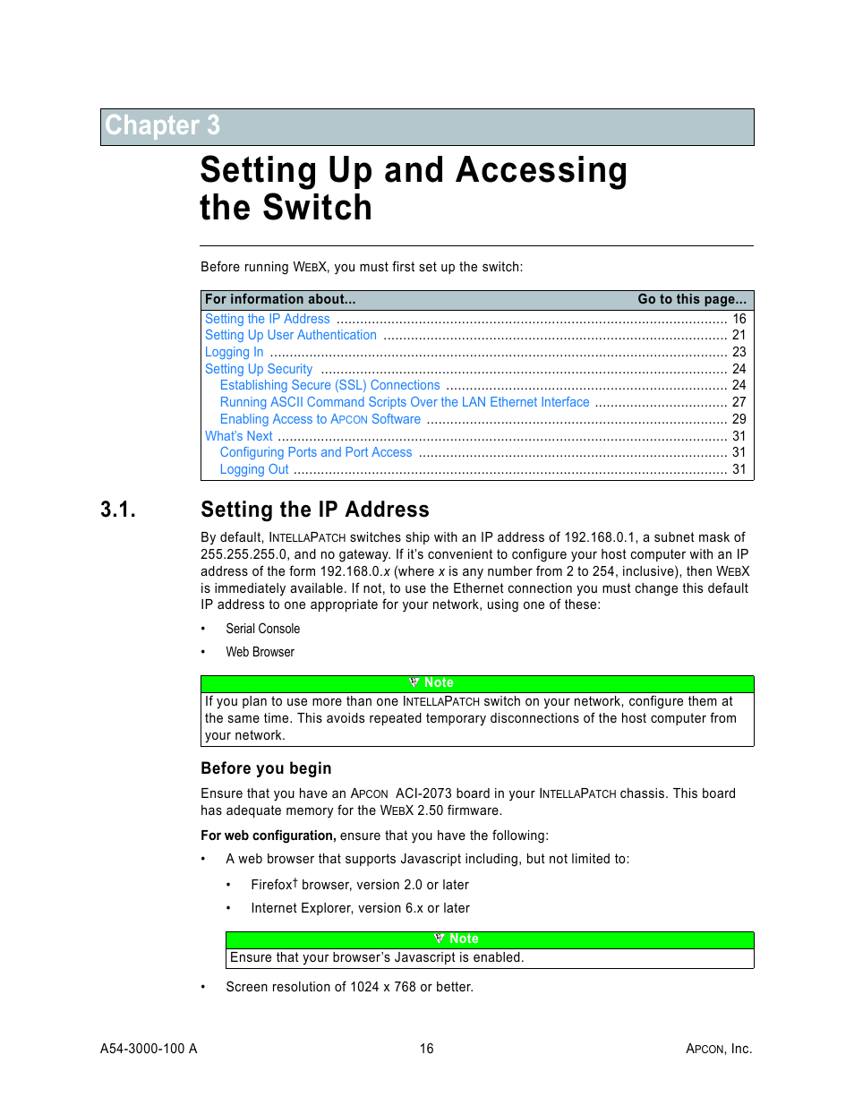 Chapter 3: setting up and accessing the switch, Setting the ip address, Chapter 3, setting up and accessing the switch | Setting up and accessing the switch, Chapter 3 | MultiDyne ACI-2058 User Manual | Page 55 / 200