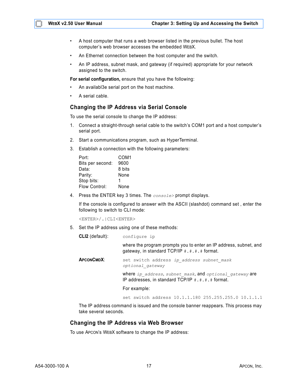 Serial console, Web browser, Changing the ip address via serial console | Changing the ip address via web browser | MultiDyne ACI-2058 User Manual | Page 56 / 200