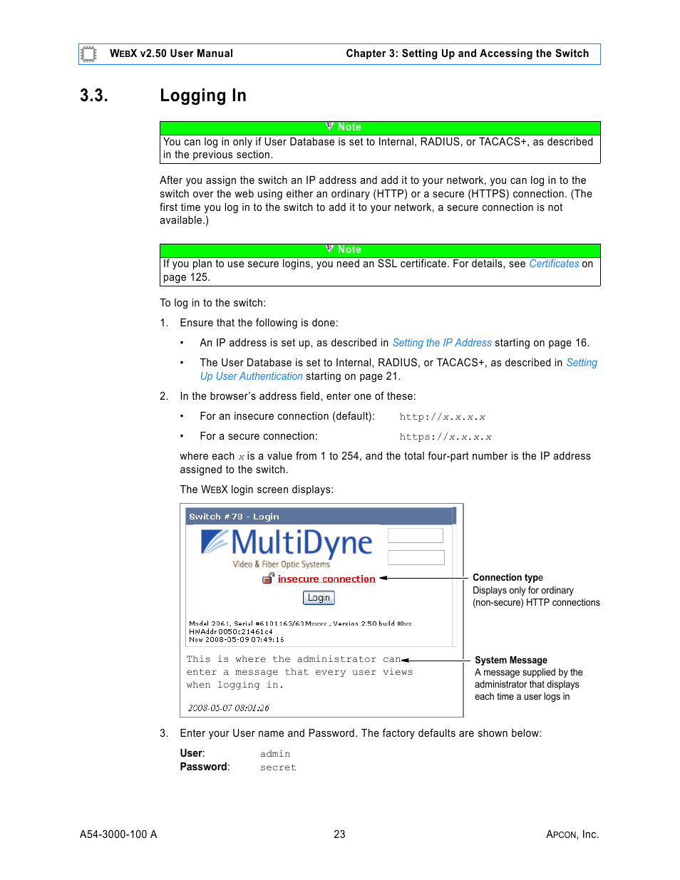 Logging in | MultiDyne ACI-2058 User Manual | Page 62 / 200