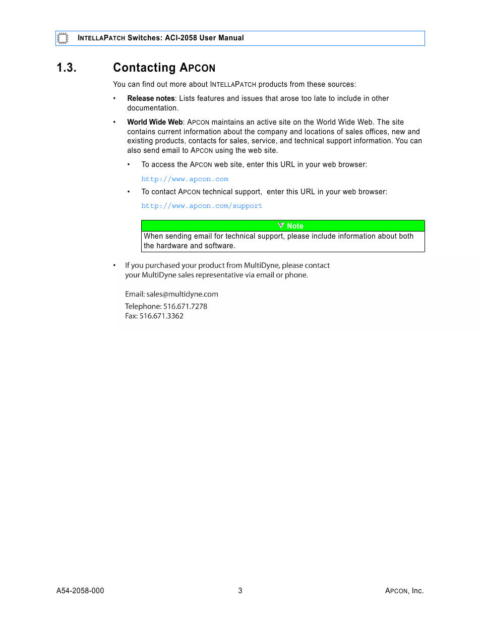 Contacting apcon, Contacting a, Pcon | MultiDyne ACI-2058 User Manual | Page 7 / 200